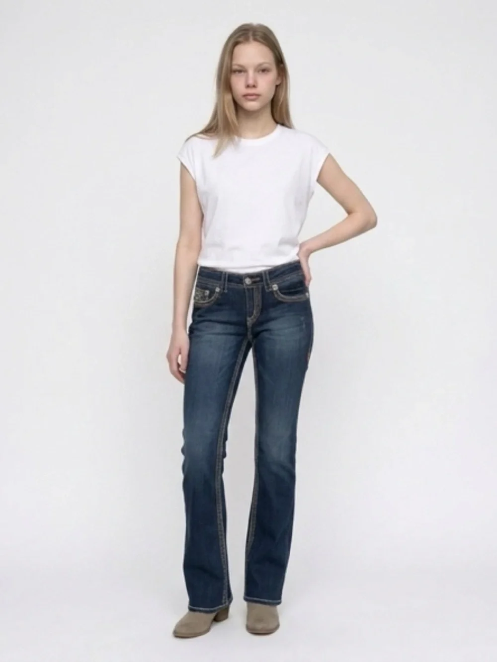Seven7 Dark Blue Flared Jeans with Contrast Stitching - Picture 4 of 7